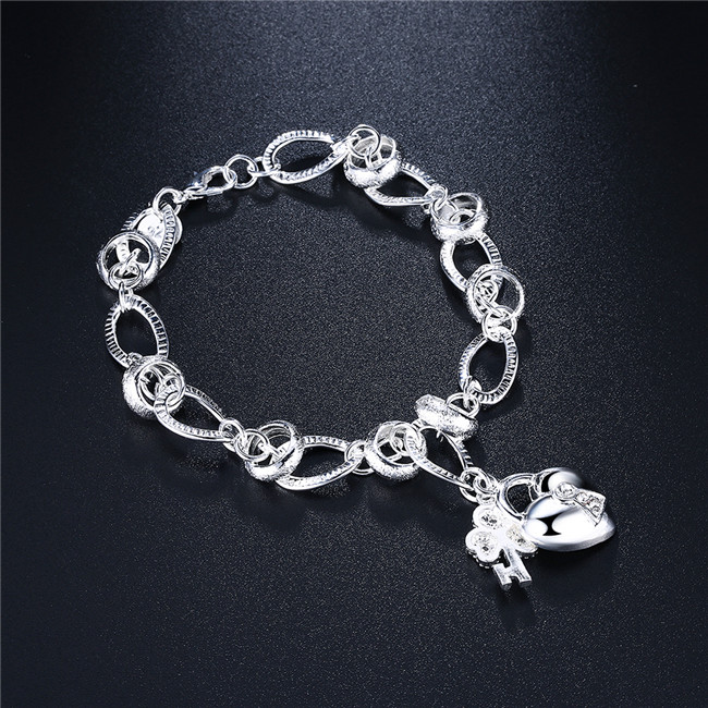 Hot sale 925 silver Hanging insets heart lock, flower spoon Bracelet DFMCH081,fashion 925 sterling silver plated Chain link bracelets