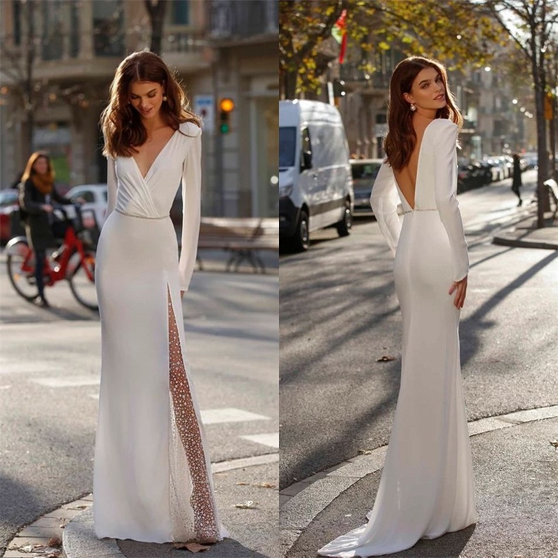 simple satin dresses vintage high vneck long sleeve sweep train wedding sexy backless highsplit sequins elegant bridal gown