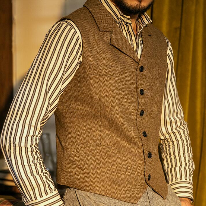 2020 Bristish Casual Groom Vests Peaked Lapel Dark Brown Wool Herringbone Tweed Groomsmen Attire Mens Suit Prom Wedding Waistcoat Dress 12