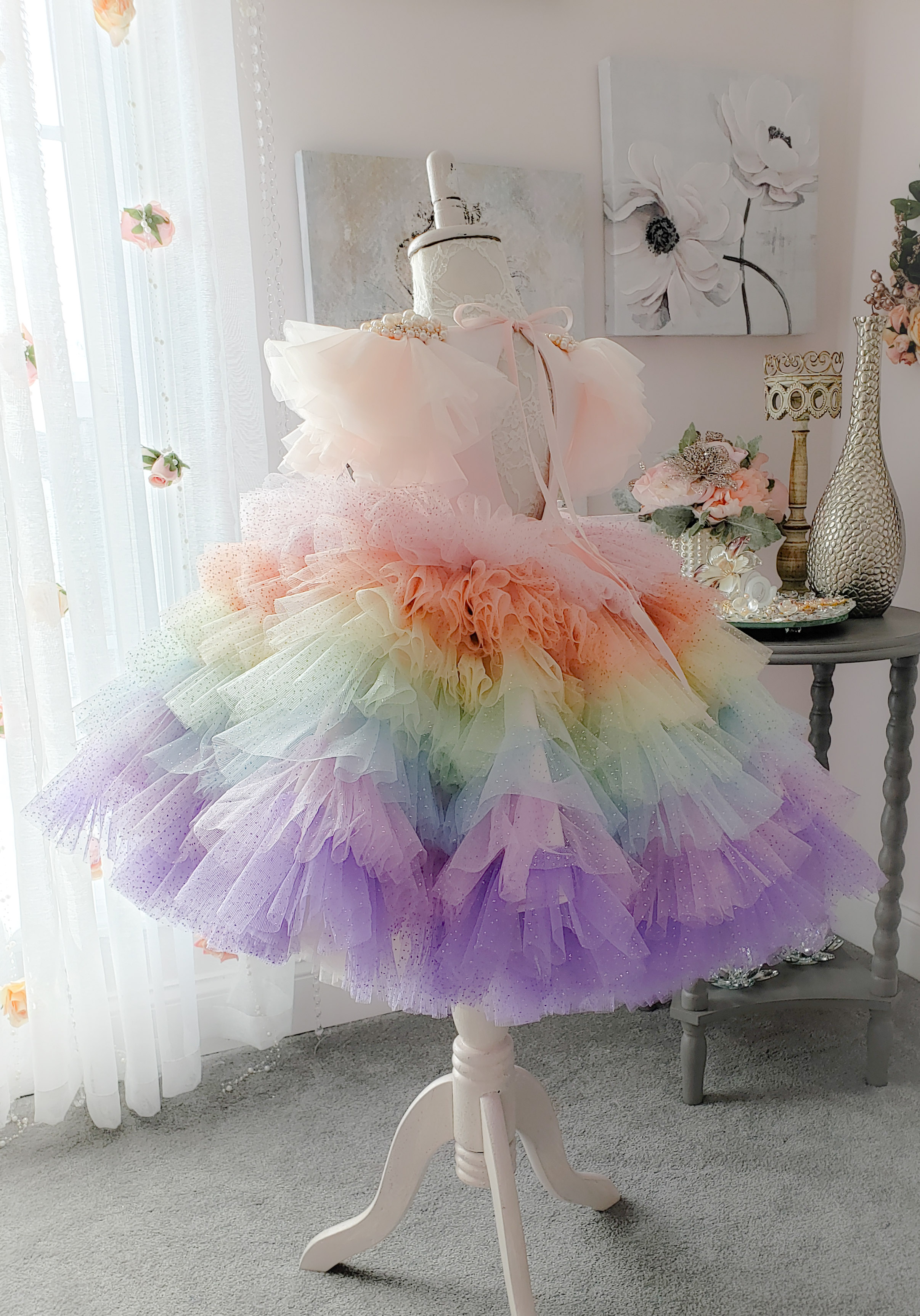 Newest Ball Gown Flower Girl Dress Jewel Neck Short Sleeve Tulle Lace Pearls Tiers Wedding Dress Floor Length Girl's Birthday Part