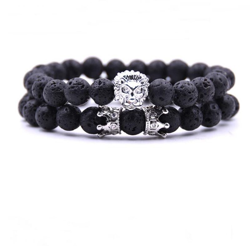 2pcs set black micro inlay double crown copper lion head bracelet men and women couple friendship bracelet