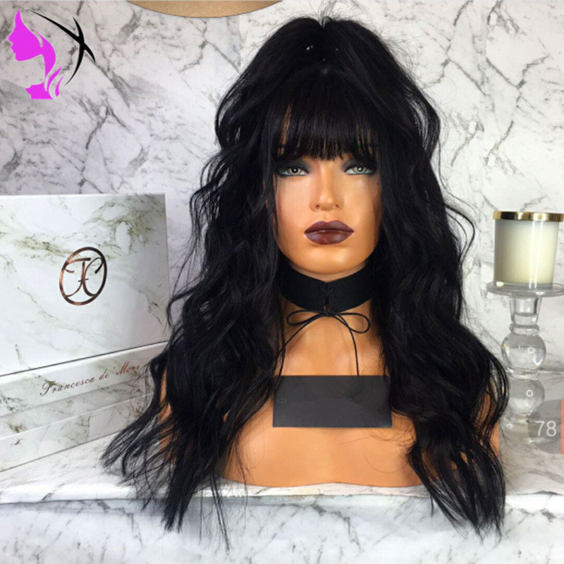 28inches long Body Wave Hair Synthetic Lace Front Wigs with bangs Natural Hairline Baby Hair Synthetic Lace Wigs for black Women