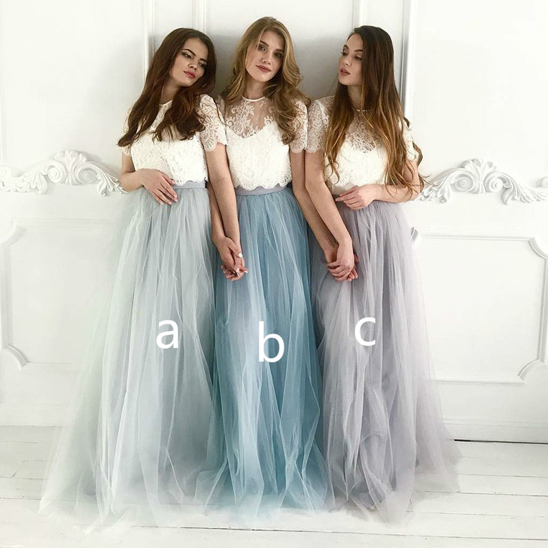 Designer Country Style Two Piece Bridesmaid Dresses With Short Sleeves Lace Floor Length Tulle Skirt Sheer Crew Neck Silver Grey Prom Gowns