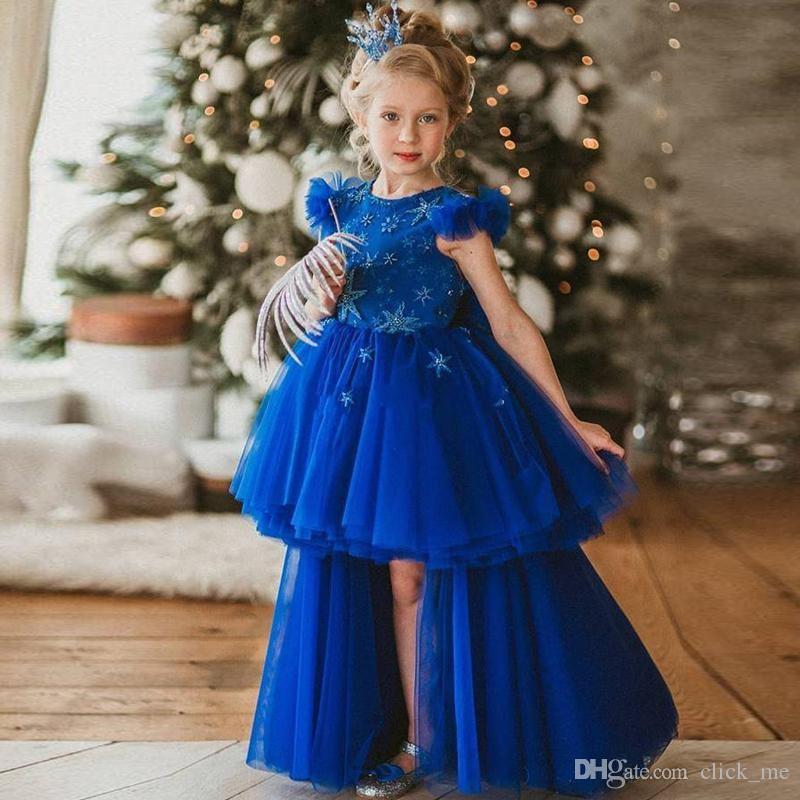 Royal Blue High Low Flower Girl Dresses Jewel Neck Star Beaded Ruffles Girls Pageant Dress Capped Layer Skirt Kids Birthday Gowns