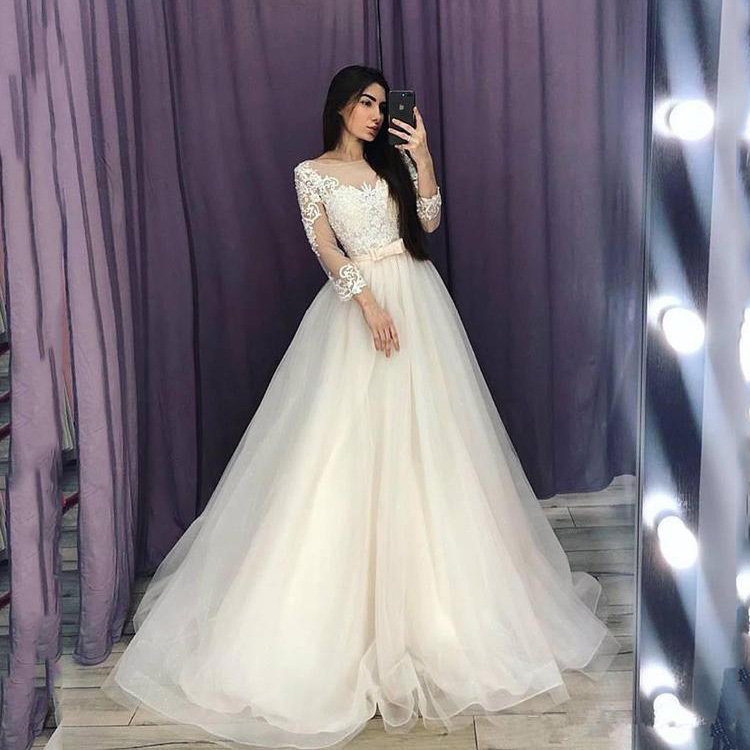 wedding dresses custom 3 4 long sleeves lace appliqued bridal gowns a line tulle sweep train wedding dress