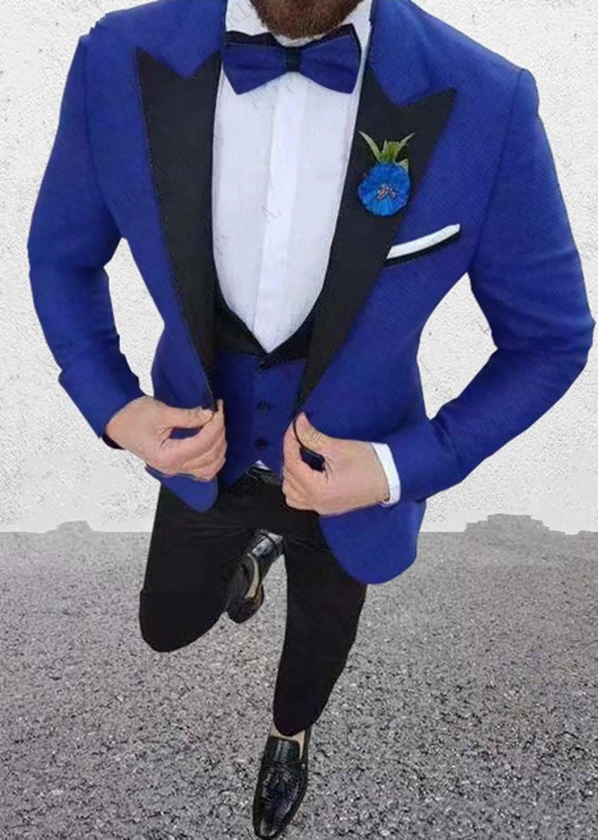 Popular One Button Blue Groom Tuxedos Peak Lapel Groomsmen Mens Suits Wedding/Prom/Dinner Blazer (Jacket+Pants+Vest+Tie) K291