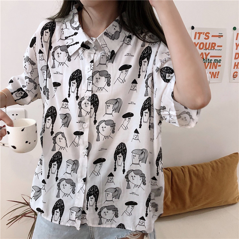 Summer Creative Cartoon Graffitir Print Short Sleeve Shirt Women Streetwear Vintage Tops Harajuku Design White Female Blouses, V23
Summer Creative Cartoon Graffitir Print Short Sleeve Shirt Women Streetwear Vintage Tops Harajuku Design White Female Blouses, V23