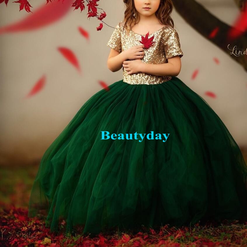 Girl's Pageant Dresses Forset Green 2019 Toddler Rose Gold Sequins Bodice Kids Ball Gown Glitz Flower Girl Dress Wedding Party Birthday