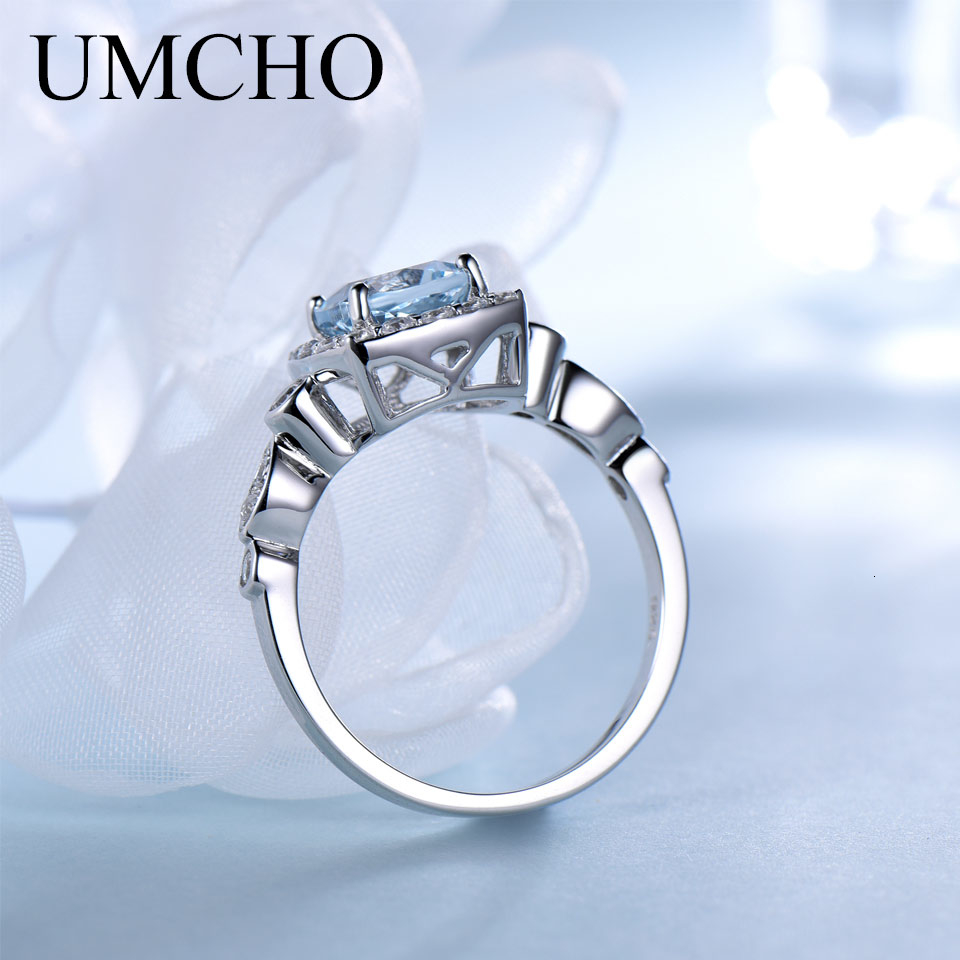 UMCHO Real S925 Sterling Silver Rings for Women Blue Topaz Ring Gemstone Aquamarine Cushion Romantic Gift Engagement Jewelry LY191203