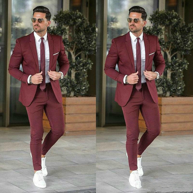 Burgundy Mens Wedding Suits Two Button Slim Fit Groom Wear Tuxedos Formal Prom Blazer Jacket (Jacket+Pants)