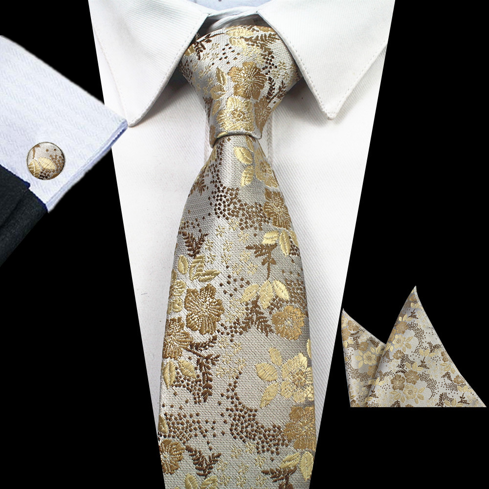 RBOCOTT New Designs Fashion Floral Ties 7cm Mens Tie Silk Jacquard Neck Ties Pocket Square Cufflinks Set For Wedding Party Suit