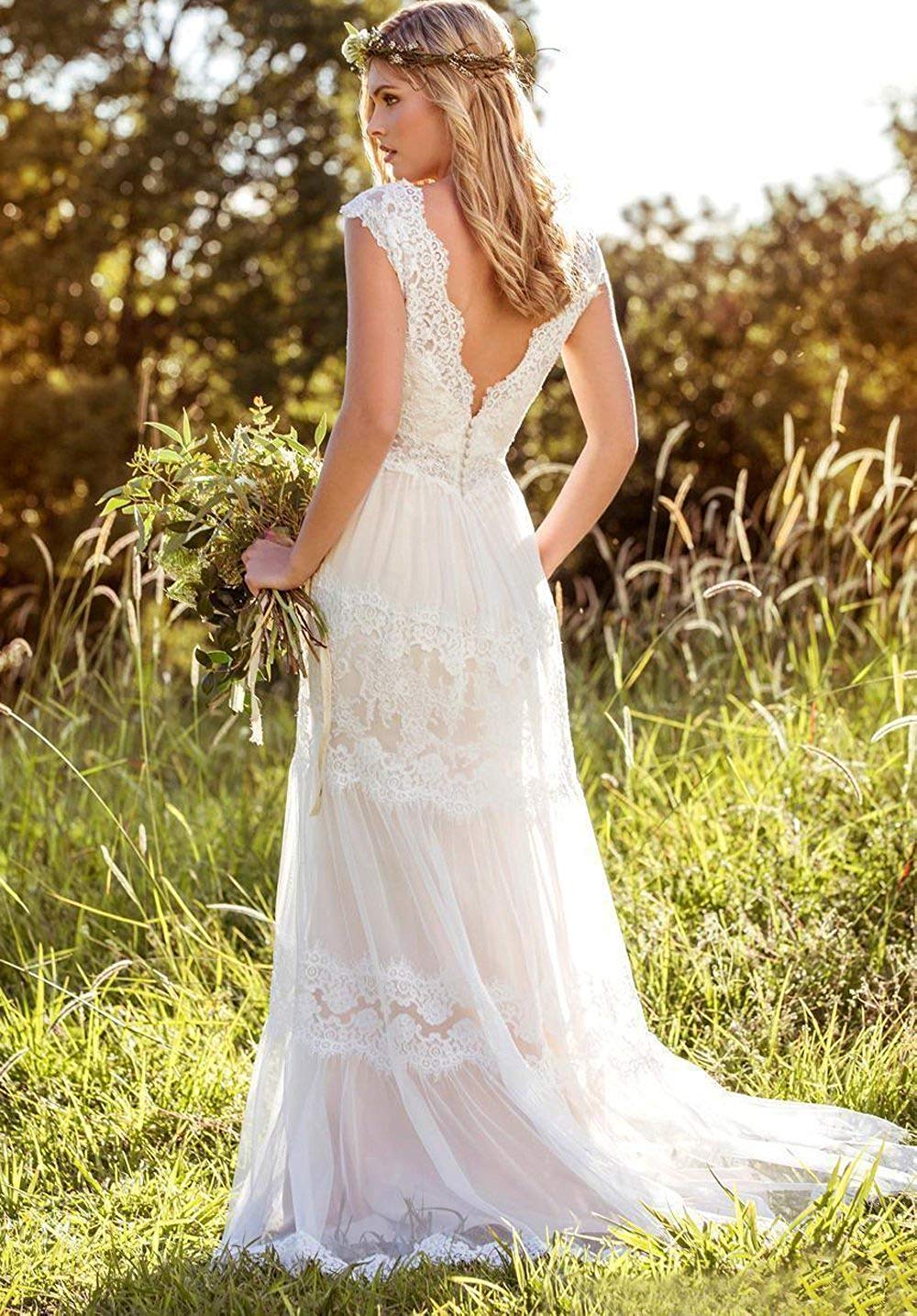 Modest Women Bohemian Wedding Dresses Lace Bridal Gown Backless Vestido De Noivas V Neck Cap Sleeve Wedding Dress Vestito Da Sposa Plus Size
