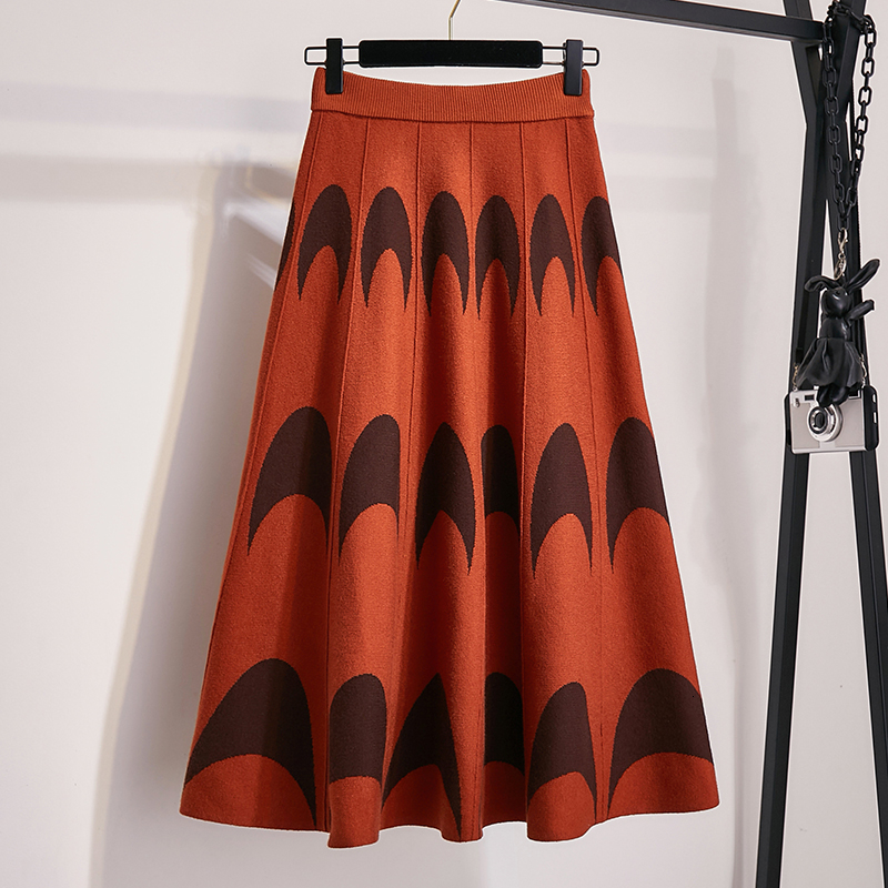 Winter Autumn 2019 Skirts Womens Knitting Wool Pleated Long Skirt Moon Print High Waist Elastic Large Hem Midi Skirts V191019