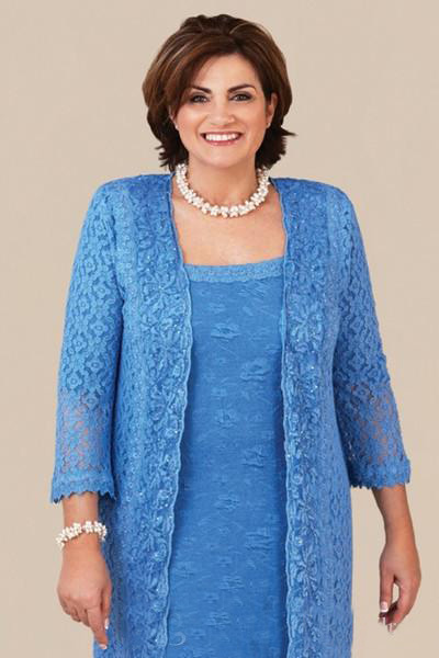 Elegant Plus Size Blue Lace Mother Of The Bride Dresses With Long Jacket 2 Pieces Women Tea Length Long Sleeve Wedding Guest Dress