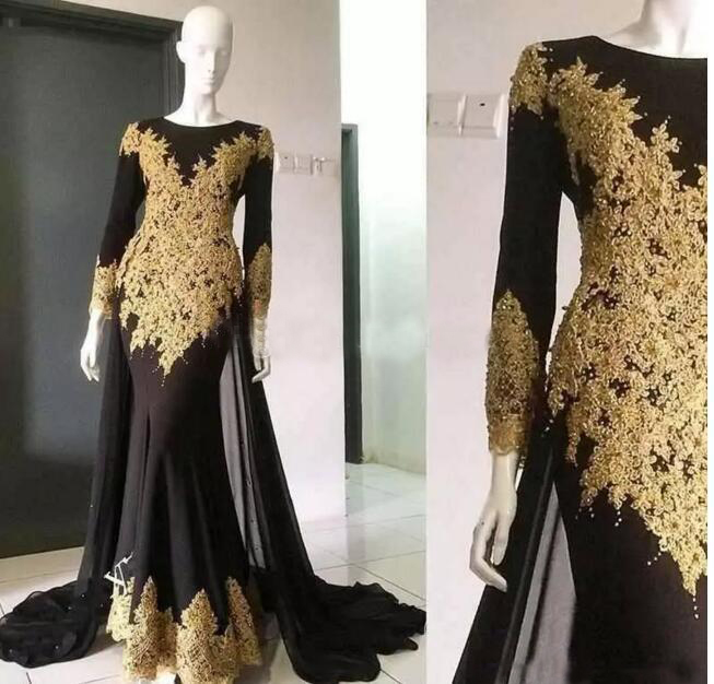Dubai Arabic Dresses Gold Appliques Mermaid Prom Dresses 2018 New Jewel Neck Long Sleeve With Wrap Formal Evening Party Gown Custom Made