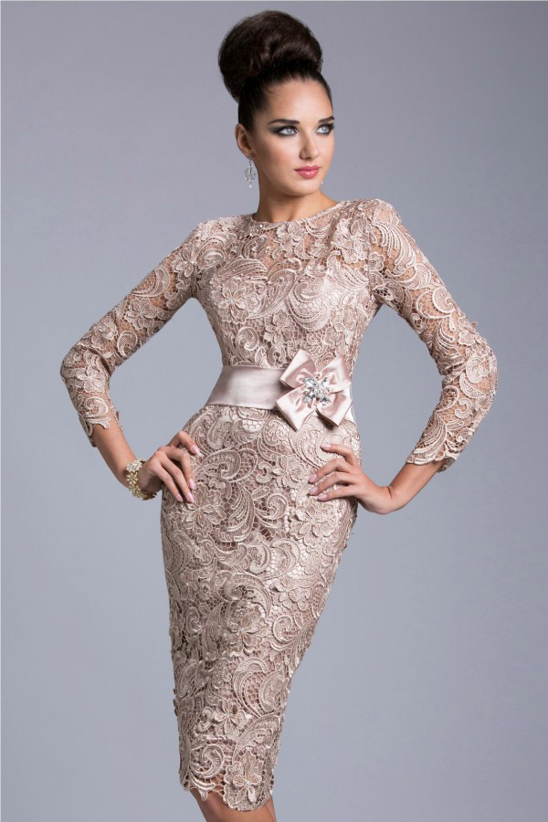 Elegant Janique Sheath Mother of The Bride Dresses Jewel Long Sleeve Lace Applique Sash Wedding Guest Dress Knee Length Evening Gowns