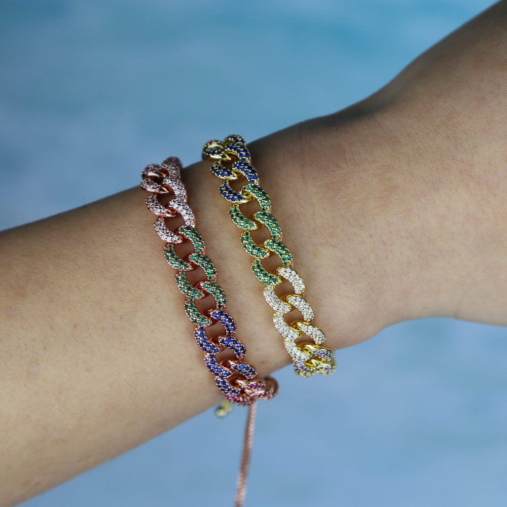 Adjust slider box chain gold rose gold 2 color micro pave rainbow cz Miami cuban link chain women bracelet fashion