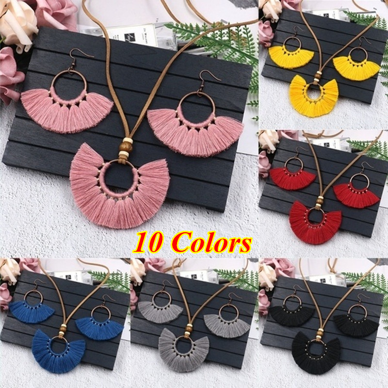 10 Colors Bohemian Tassels Necklace Earring Set Handmade Weave Women's Multi-Layer Fabric Yarn Leather Long Sweater Chain Party Jewelry Sets
10 Colors Bohemian Tassels Necklace Earring Set Handmade Weave Women's Multi-Layer Fabric Yarn Leather Long Sweater Chain Party Jewelry Sets