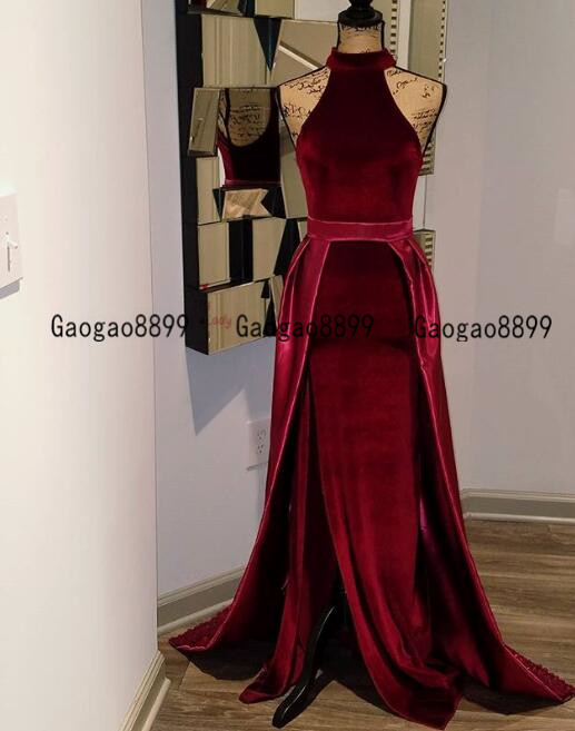 2020 burgundy Stunning Long sheath Evening Dress halter neck with detachabled train Stretch Velvet sexy slit Formal prom Gowns custom made, Chocolate
2020 burgundy Stunning Long sheath Evening Dress halter neck with detachabled train Stretch Velvet sexy slit Formal prom Gowns custom made, Chocolate