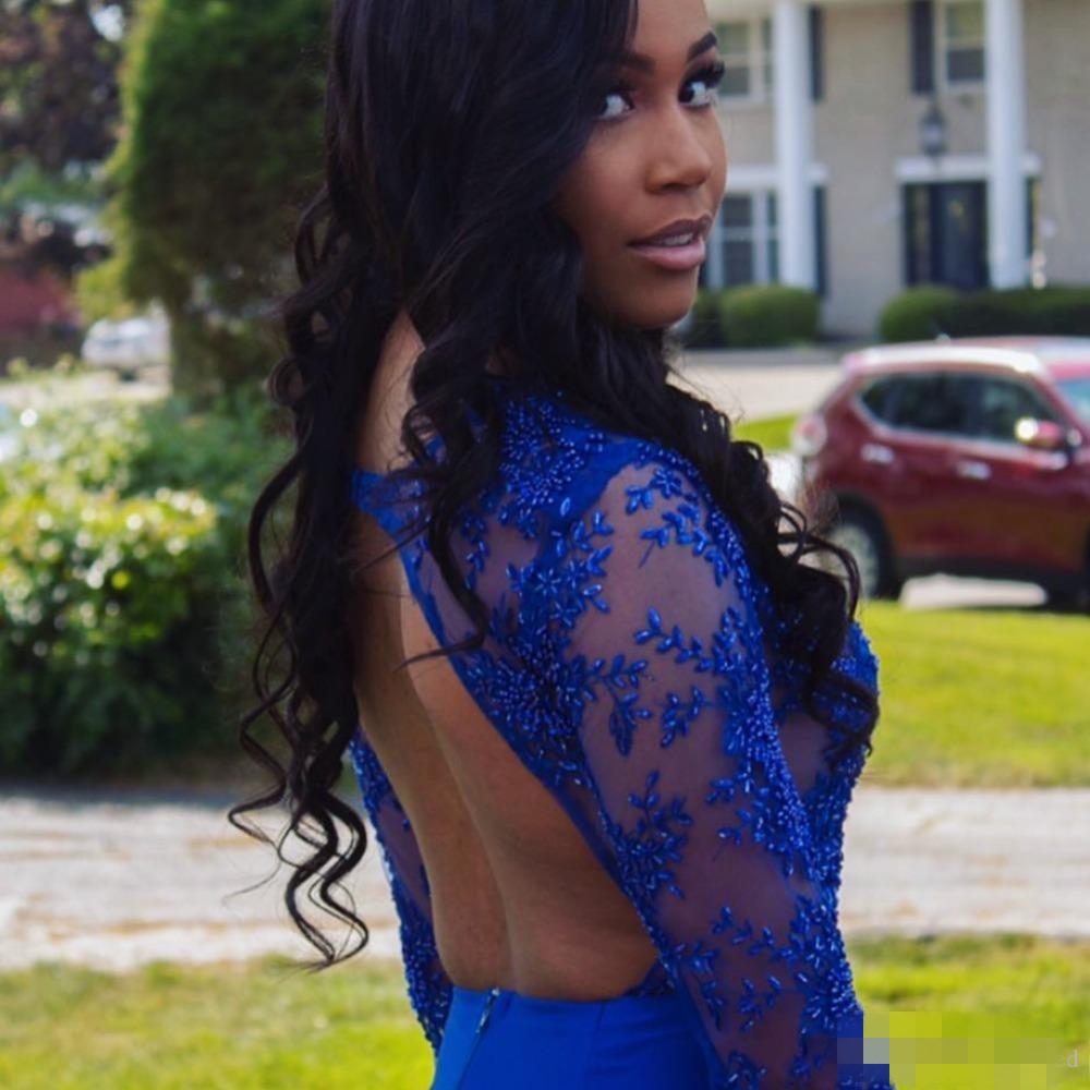 Royal Blue Prom Dresses Sexy Backless Mermaid Lace Applique Beaded Sheer Neck Long Sleeves South African Evening Party Gown