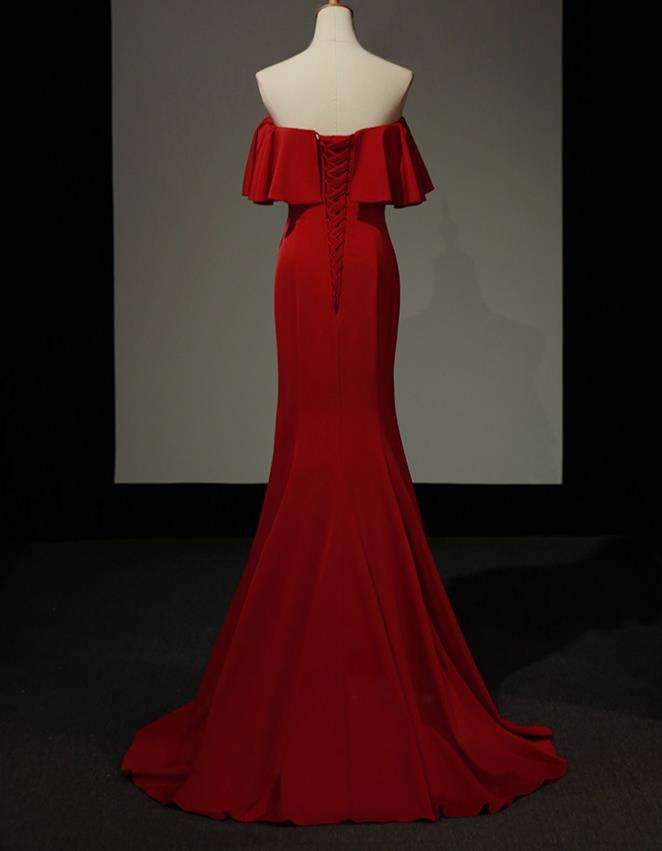 Elegant Dark Red Evening Dress Soft Satin New Slim Mermaid Long Banquet Off Shoulder Lace-up Back Formal Prom Dresses In Stock