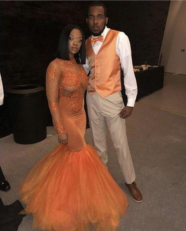African Orange Prom Dresses Mermaid 2019 Long Sleeves Lace Applique Beading Illusion High Neck Formal Evening Party Gowns