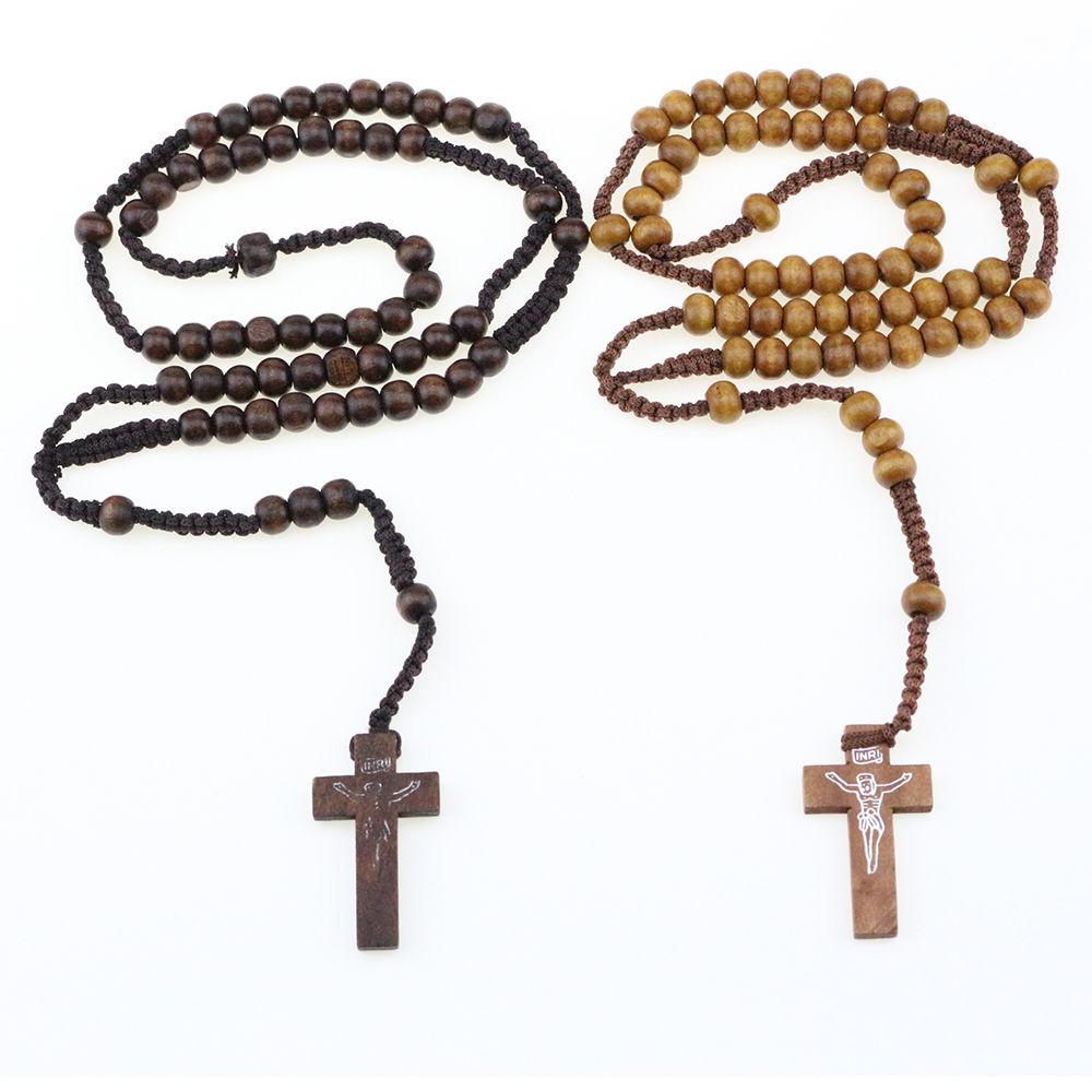 Wholesale- Men Women Catholic Christ Wooden 8mm Rosary Bead Cross Pendant Woven Rope Necklace Black/brown/Beige/ligt brown