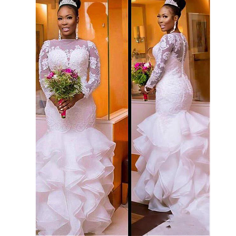 Covered Buttons African Mermaid Long Sleeve Wedding Dresses Ruffled Appliques Bridal Party Gown Elegant Girls Wedding Gowns Vestido De Novia, White
Covered Buttons African Mermaid Long Sleeve Wedding Dresses Ruffled Appliques Bridal Party Gown Elegant Girls Wedding Gowns Vestido De Novia, White