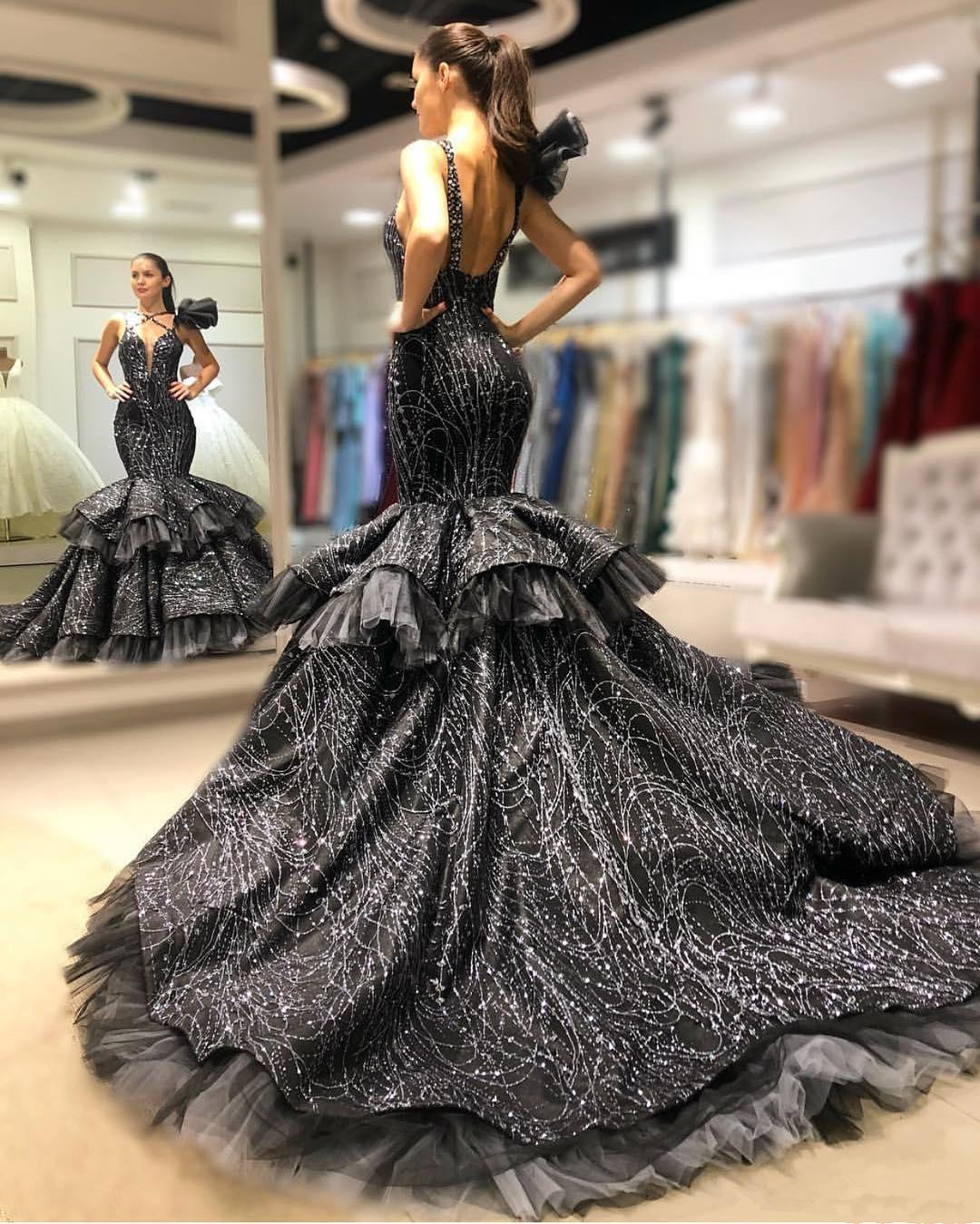 sparkly beaded luxury mermaid prom dresses cross sweetheart backless tiered black evening dress gorgeous celebrity red carpet dresses