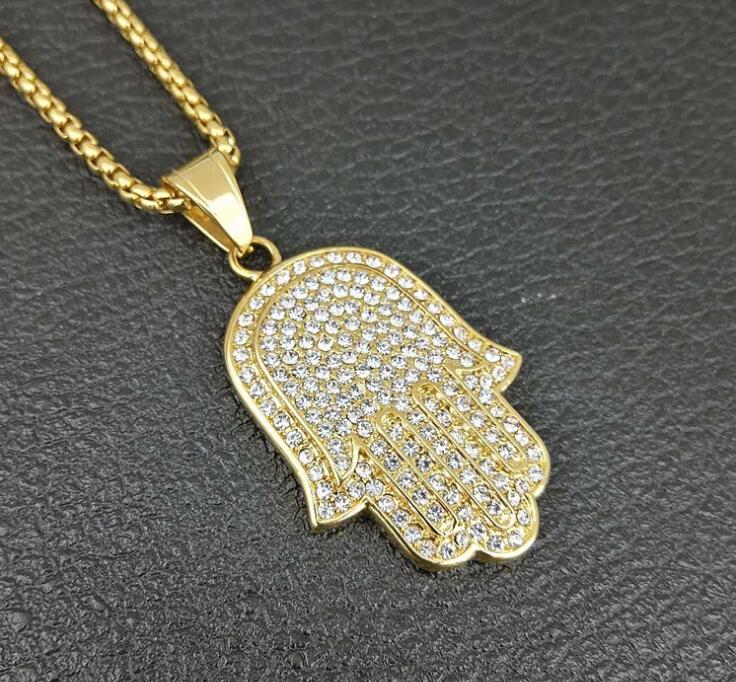 Mens lucky hamsa hand pendant necklace hip hop Rock style Full cubic zirconia 24" rope chain silver gold plated cz men necklace WY015