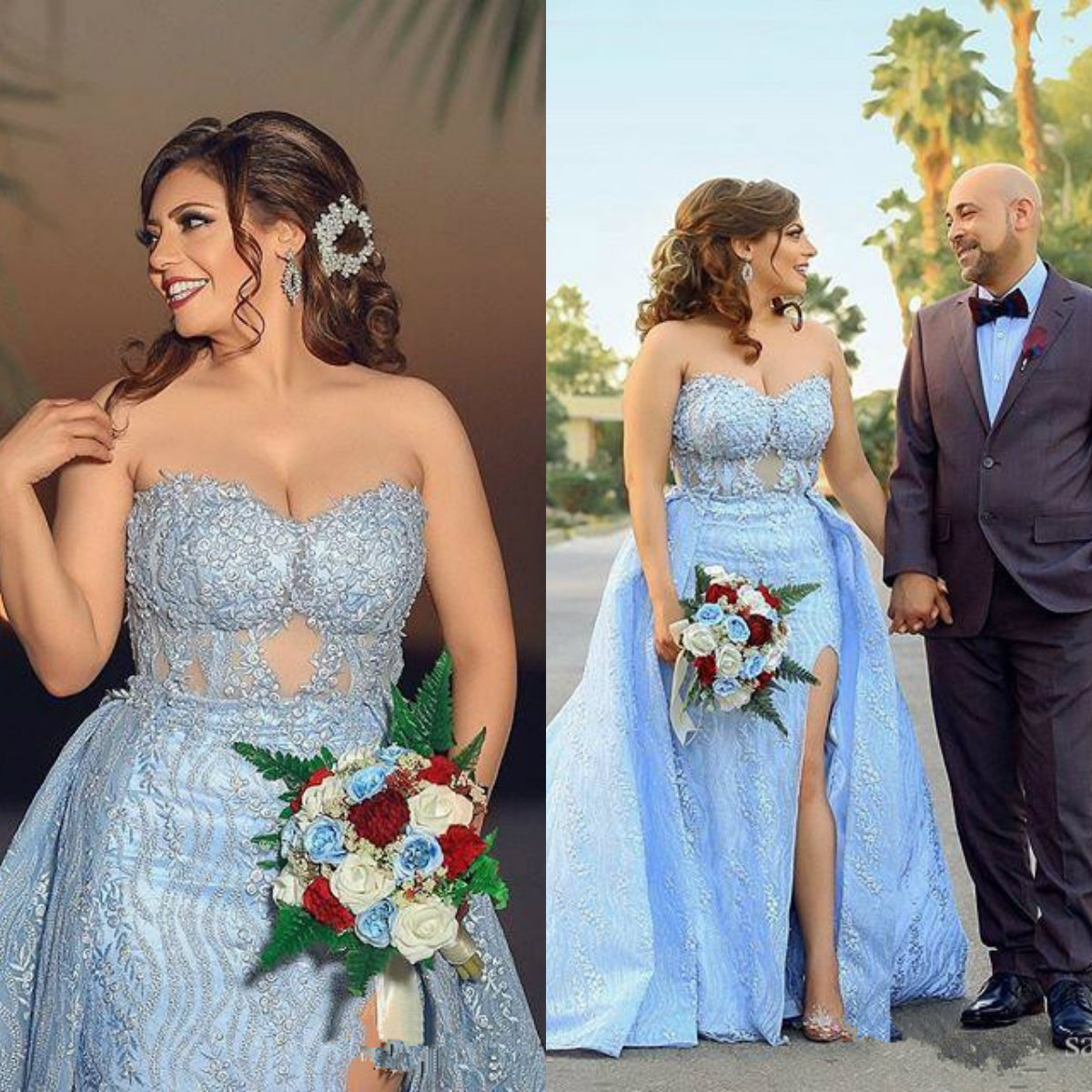Dubai Sky Blue Prom Dresses Plus Size Lace Overskirt Side Split Celebrity Dress Sweetheart robes de mariée Custom Made Evening Gowns