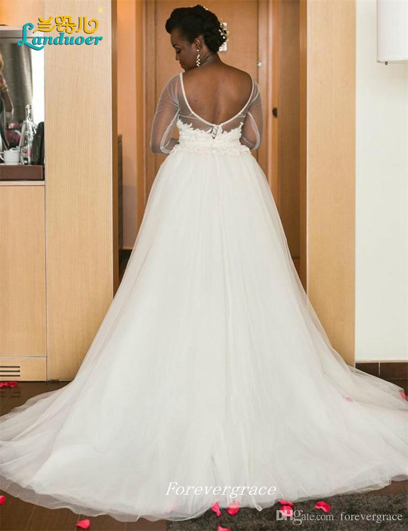2019 Elegant White Colour Lace Tulle Wedding Dress With Detachable Skirt High Quality Sheer Top Long Sleeve Women Wear Bridal Gown Plus Size