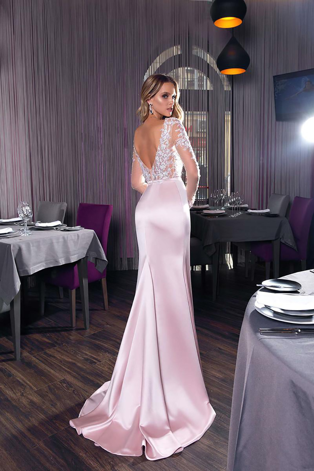 NEW Prom Dresses Illusion Jewel Long Sleeve Backless Lace Satin Evening Gowns Sweep Train Mermaid Special Occasion Dress
