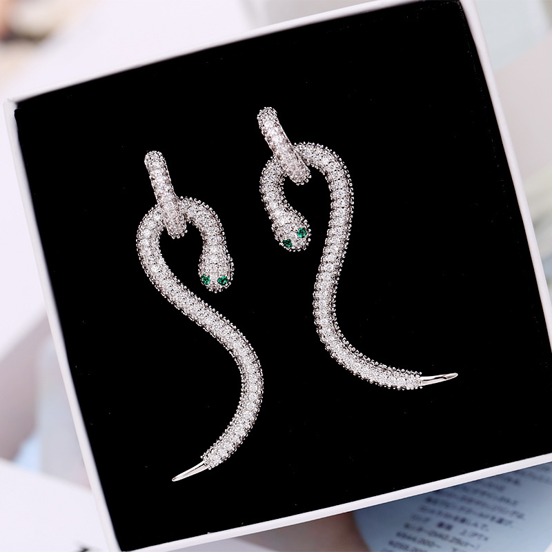 Bling Snake S925 Silver Needle Dangle Earrings White Zircon White Gold Plated Drop Earring Jewelry