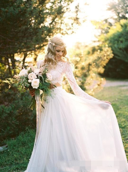 Two Piece Beach Dresses Long Sleeves High Neck Lace Tulle Sweep Train Custom Made Wedding Bridal Gown Vestido De Novia