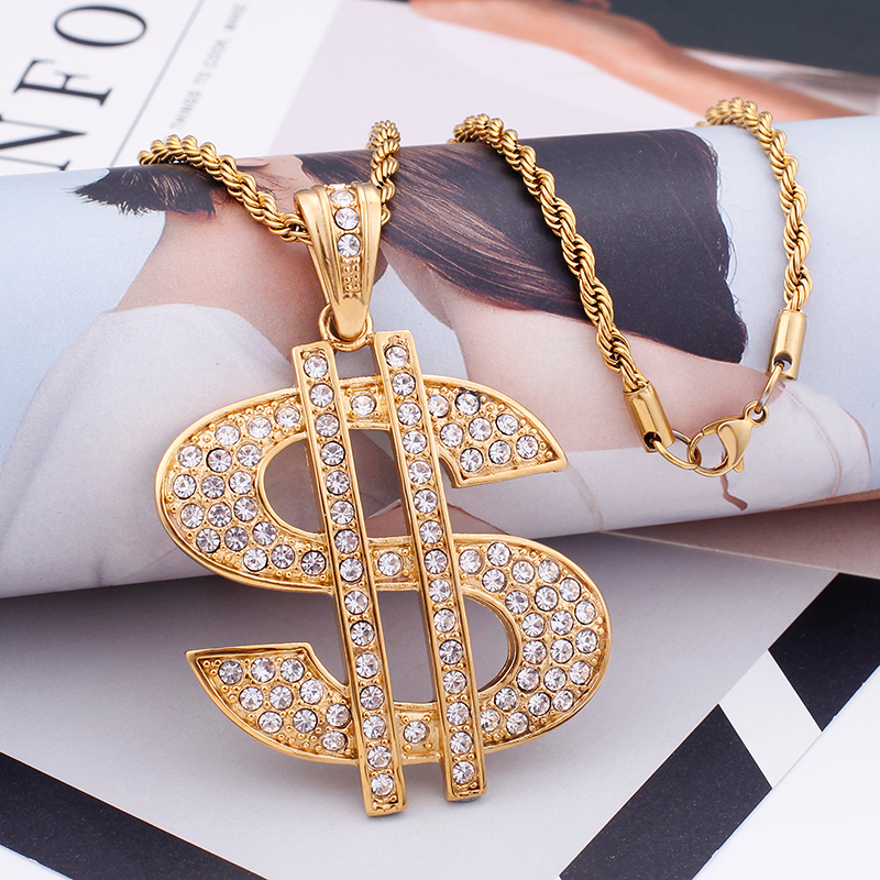 Men's Hip Hop Dollar Sign Pendants Necklace 316L Stainless Steel Full Cubic Zirconia Setting 18K Gold Plated Jewelry