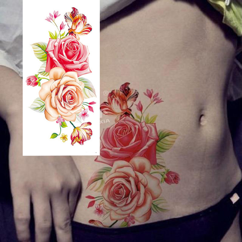 1pcs/ Women Men Diy Henna Body Art Tattoo 3d Lifelike Cherry Blossoms Rose Big Flowers Sex Waterproof Temporary Tattoos