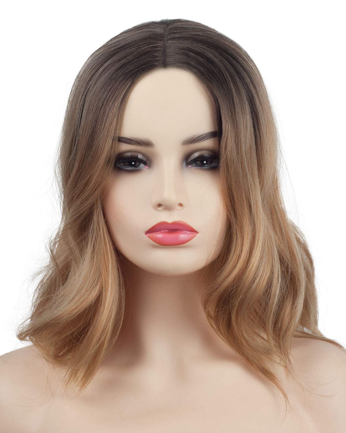 Pretty Charming Dark Brown Short Natural Casual Wavy loose wave Side bangs hair wigs for black women 14 Inches (Dark Brown-643)