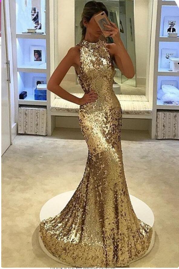 Sequined Cheap Gold Sier Mermaid Prom Dresses Jewel Neck Backless Pleats Sexy Formal Dress Party Evening Gowns Vestidos De Fiesta