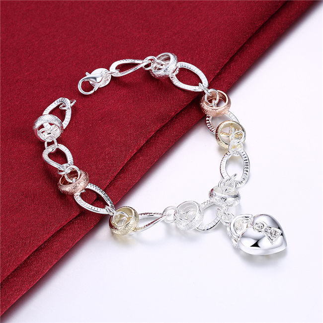 925 silver Hanging dichroic insets heart lock,flower spoon bracelet DFMCH233, fashion sterling silver plated Chain link bracelets high grade