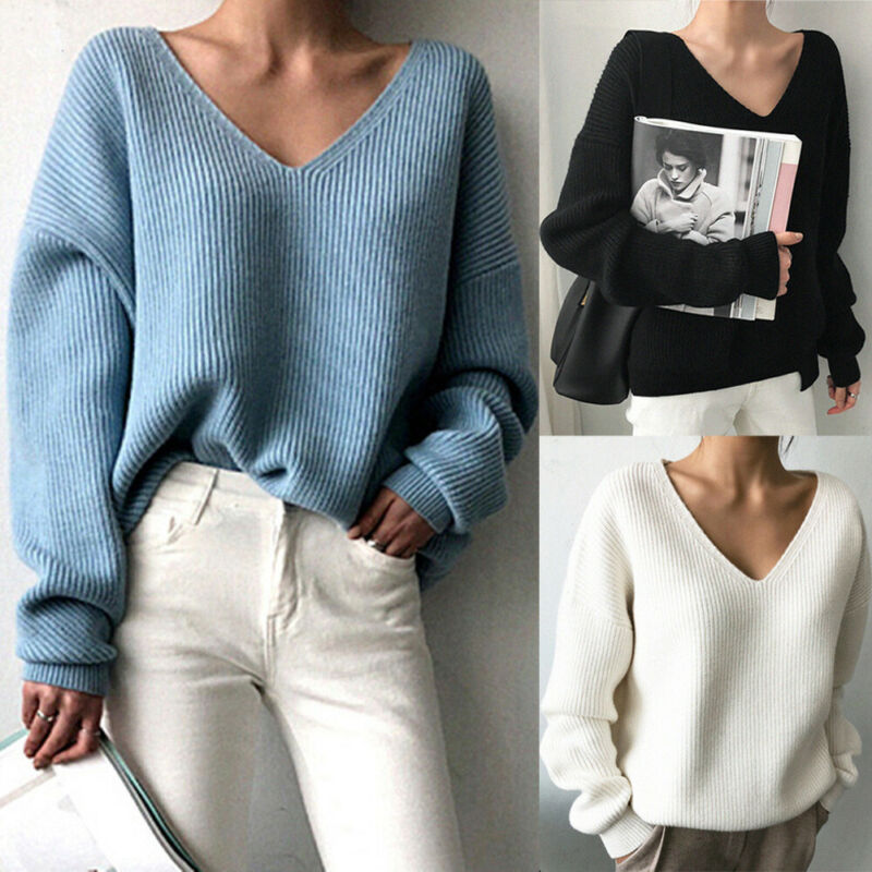 Women's Plain Solid V-Neck Knitted Sweater Casual Loose Sweater Long Sleeve Lady Tops Shirt, Black
Women's Plain Solid V-Neck Knitted Sweater Casual Loose Sweater Long Sleeve Lady Tops Shirt, Black
