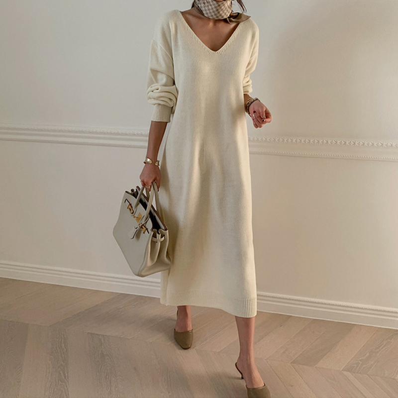 Winter Sweater Dress Women White V-neck Long Knitted Dress Lazy Oaf Korean Laides Casual Slit, Black
Winter Sweater Dress Women White V-neck Long Knitted Dress Lazy Oaf Korean Laides Casual Slit, Black