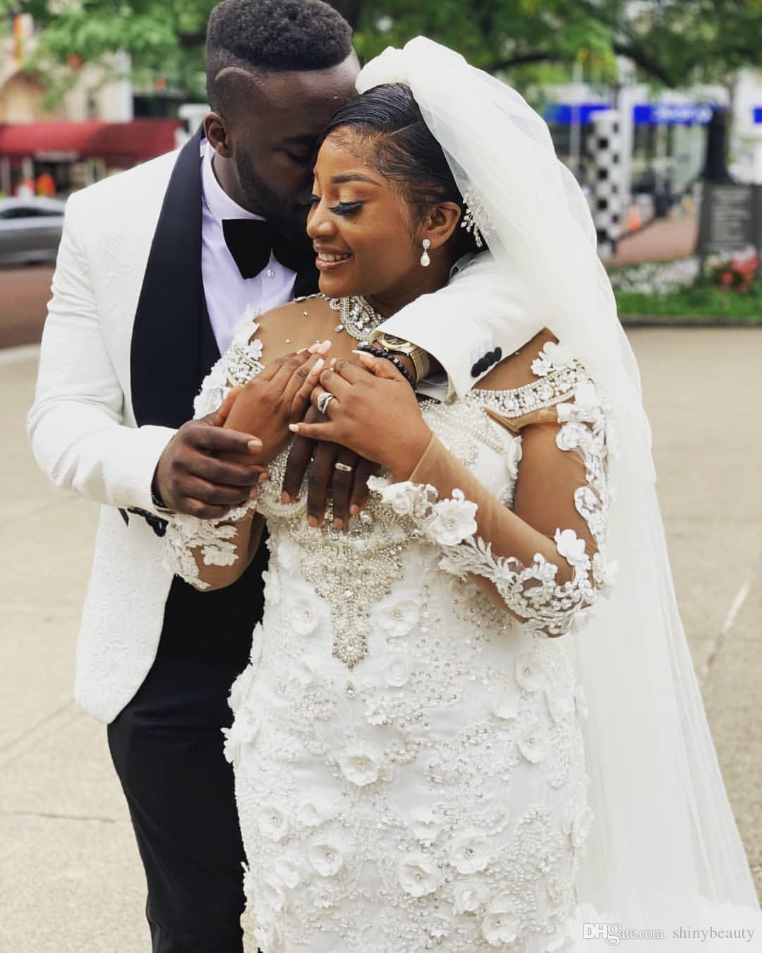 Aso Ebi Arabic Plus Size Urious Mermaid Dresses Lace Beaded Crystals Sheer Neck Wedding Dress Bridal Gowns Vestidos De Noiva