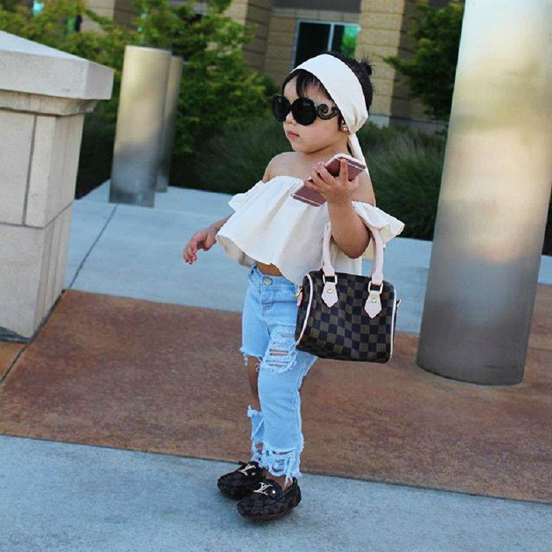 New Fashion Children Girls Clothes Off Shoulder Crop Tops White+ Hole Denim Pant Jean Headband 3pcs Toddler Kids Clothing