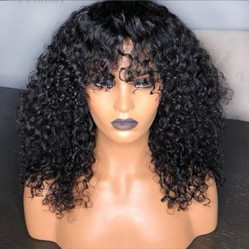 Curly Lace Front Human Hair Wigs For Black Women Brazilian Remy Hair Short Bob Wig With Bangs 150% Glueless Pre Plucked