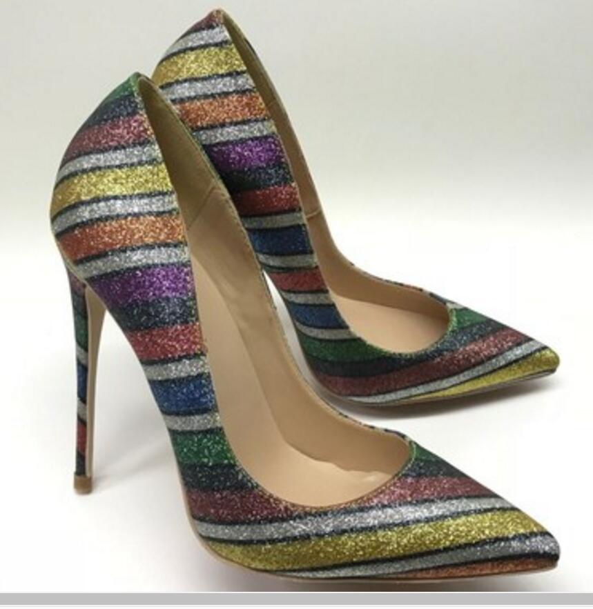 19 New Rainbow Stripe Sequins Women's High Heeled Shoes 8Cm 12Cm 10Cm Cusp Fine Heel Single Shoes Big Code 44 Banquet Dance Red Bottom Shoes-image