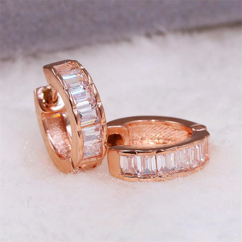Sterg Sier&Rose Gold Fill Princess Cut White Topaz CZ Dia Gemstones Party Women Clip Earrings Gift