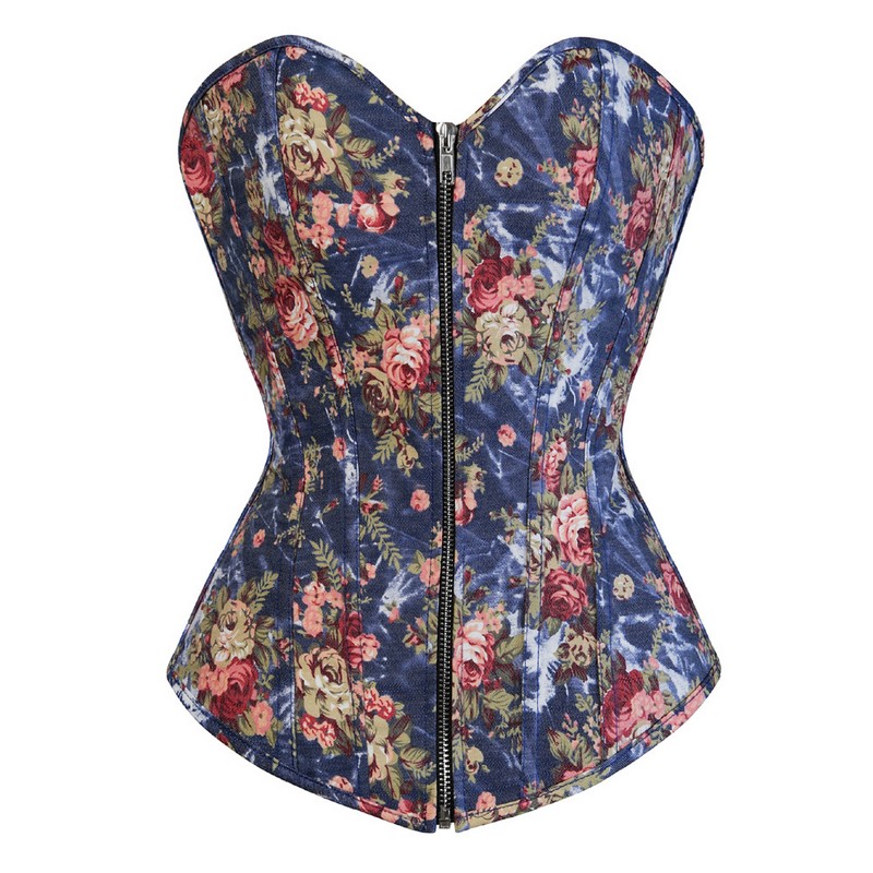 Brocade Denim Floral Padded Corset Women Sexy Cowboy Lace-up Mix Styles S-XXL Multicolor Fashion Zipper Overbust Bustier