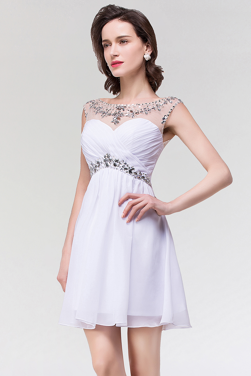 Rhinestones Beaded Short Homecoming Dresses Sheer Crew Neck Chiffon Backless Mini Cocktail Party Gown Formal Prom Wear CPS094