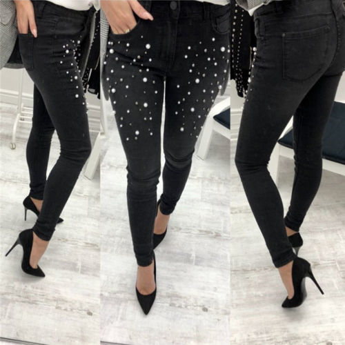 Women Denim Skinny Ripped Pants Black Blue High Waist Stretch Jeans Long Pencil Trousers C19032501
